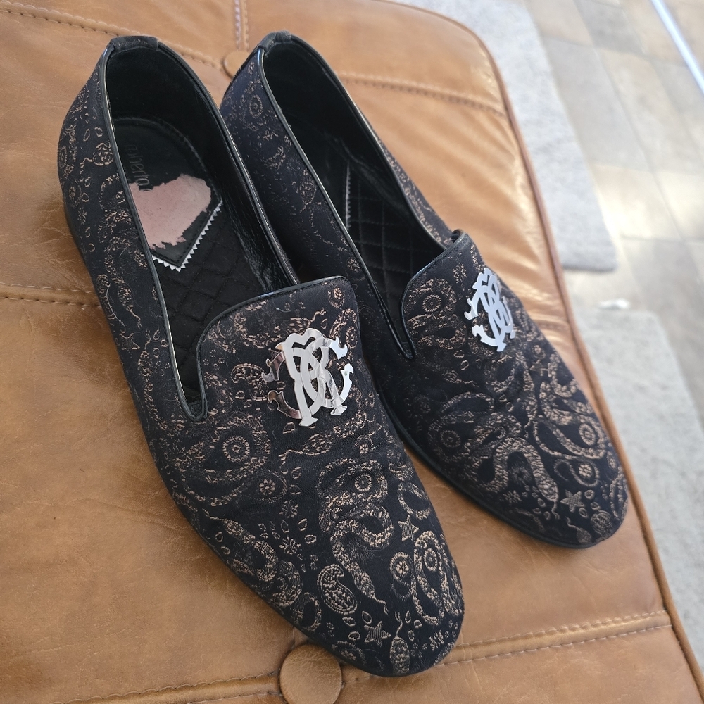 Roberto Cavalli Black and Gold Paisley Loafers